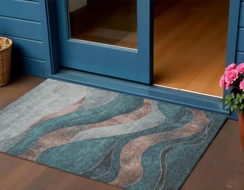 Teal Blue And Copper Abstract Washable Indoor Outdoor Area Rug Photo 2