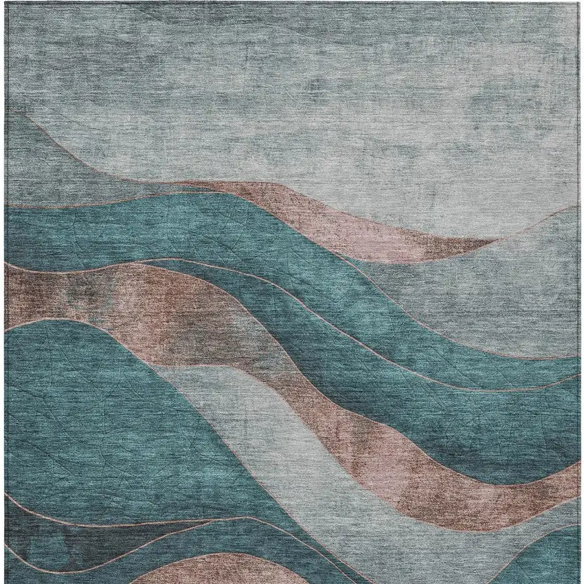 Teal Blue And Copper Abstract Washable Indoor Outdoor Area Rug Photo 9