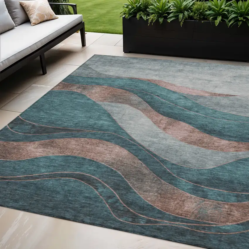 Teal Blue And Copper Abstract Washable Indoor Outdoor Area Rug Photo 2