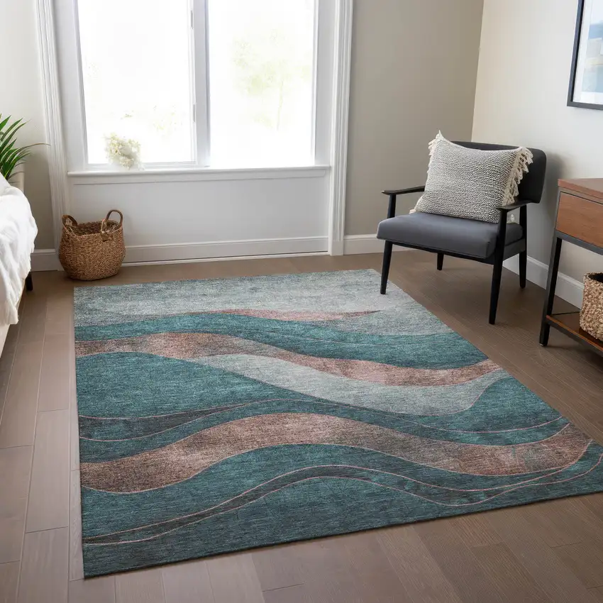 Teal Blue And Copper Abstract Washable Indoor Outdoor Area Rug Photo 6