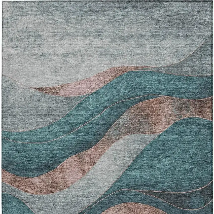 Teal Blue And Copper Abstract Washable Indoor Outdoor Area Rug Photo 3