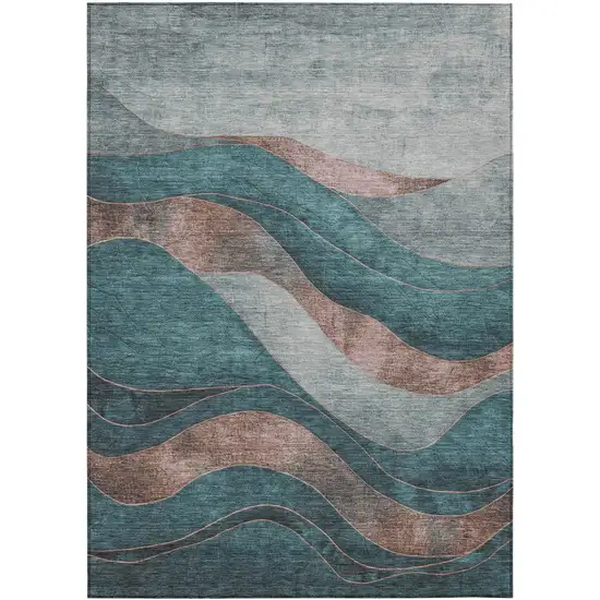 Teal Blue And Copper Abstract Washable Indoor Outdoor Area Rug Photo 8