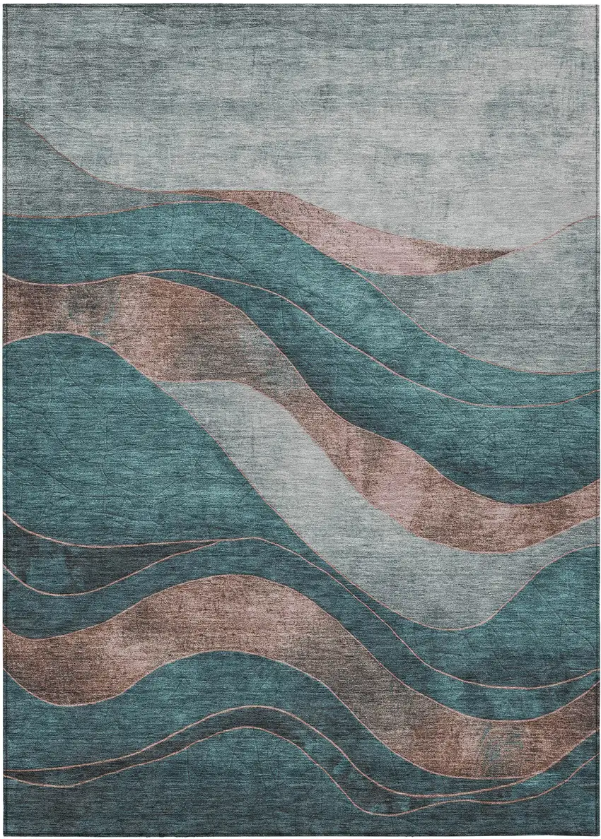 Teal Blue And Copper Abstract Washable Indoor Outdoor Area Rug Photo 8