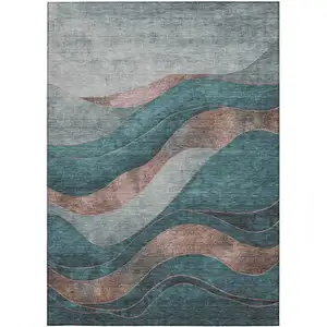 Photo of Teal Blue And Copper Abstract Washable Indoor Outdoor Area Rug