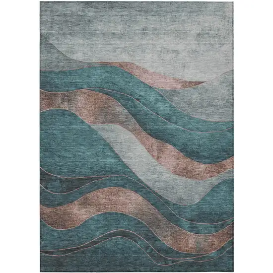 Teal Blue And Copper Abstract Washable Indoor Outdoor Area Rug Photo 3