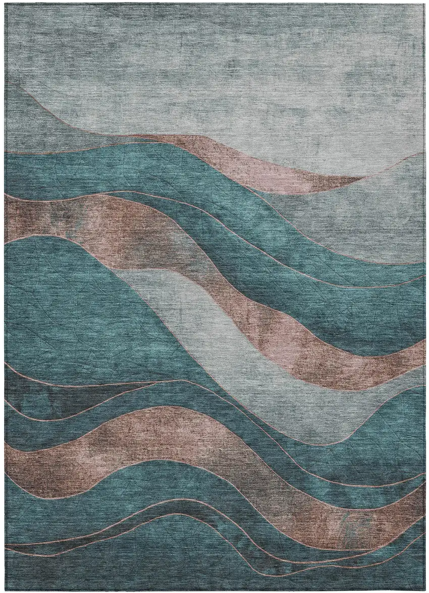 Teal Blue And Copper Abstract Washable Indoor Outdoor Area Rug Photo 3