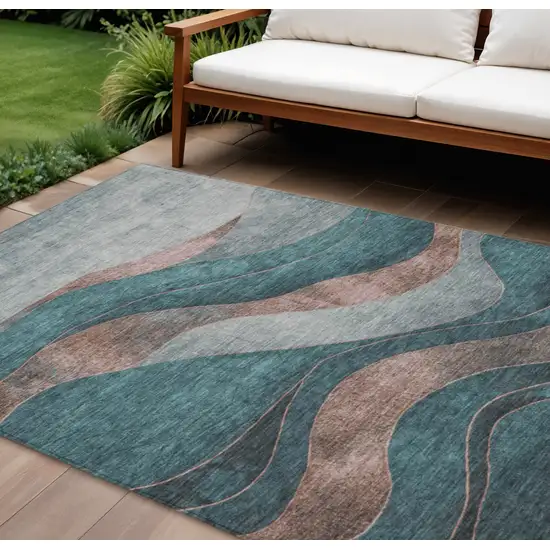 Teal Blue And Copper Abstract Washable Indoor Outdoor Area Rug Photo 2