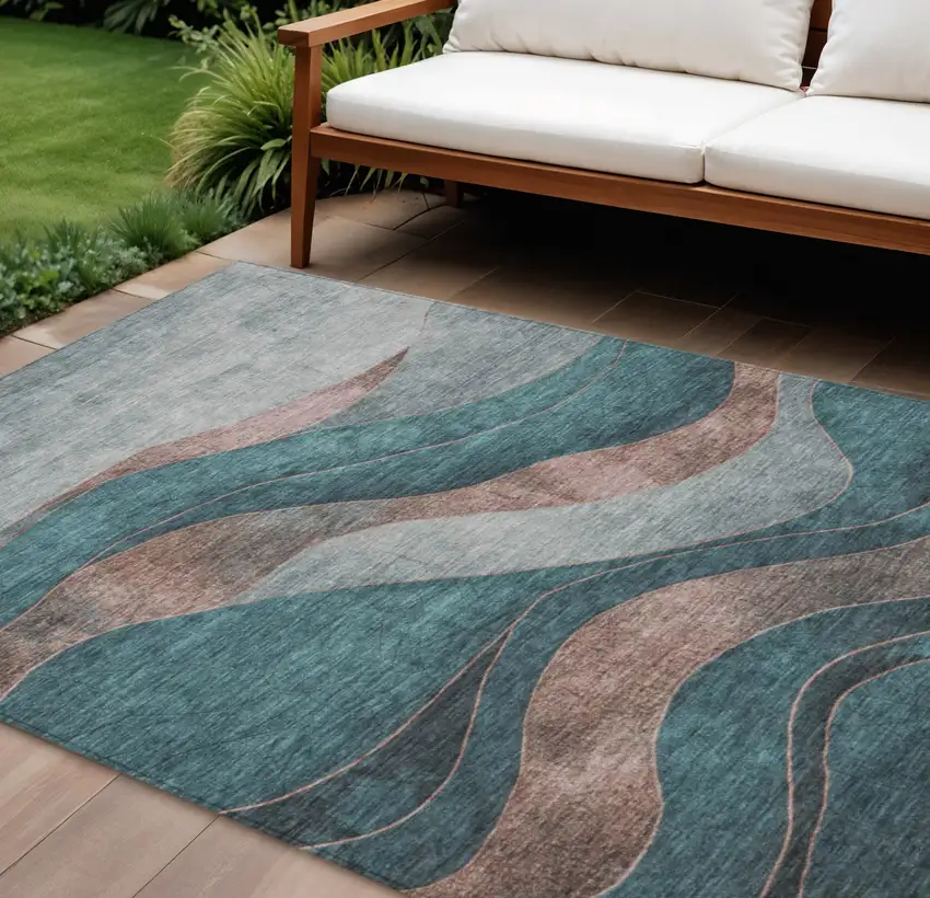 Teal Blue And Copper Abstract Washable Indoor Outdoor Area Rug Photo 2