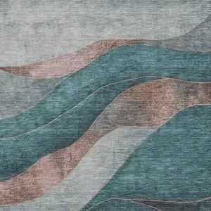 Photo of Teal Blue And Copper Abstract Washable Indoor Outdoor Area Rug