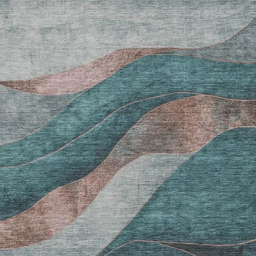 Teal Blue And Copper Abstract Washable Indoor Outdoor Area Rug Photo 3