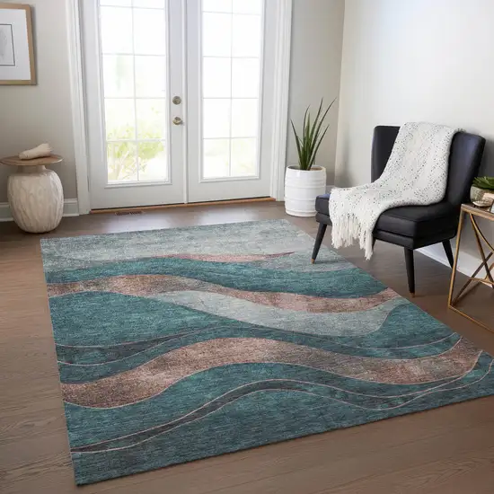 Teal Blue And Copper Abstract Washable Indoor Outdoor Area Rug Photo 5