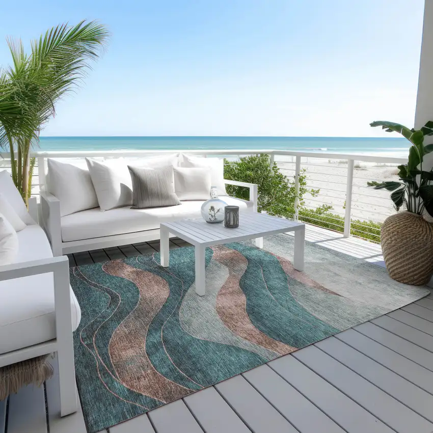 Teal Blue And Copper Abstract Washable Indoor Outdoor Area Rug Photo 4
