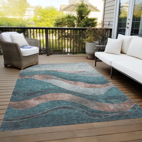 Teal Blue And Copper Abstract Washable Indoor Outdoor Area Rug Photo 8