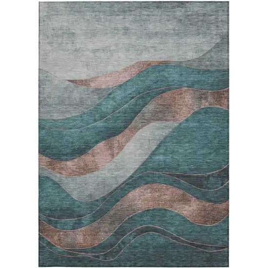 Teal Blue And Copper Abstract Washable Indoor Outdoor Area Rug Photo 4