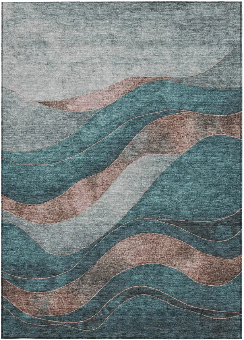 Teal Blue And Copper Abstract Washable Indoor Outdoor Area Rug Photo 4