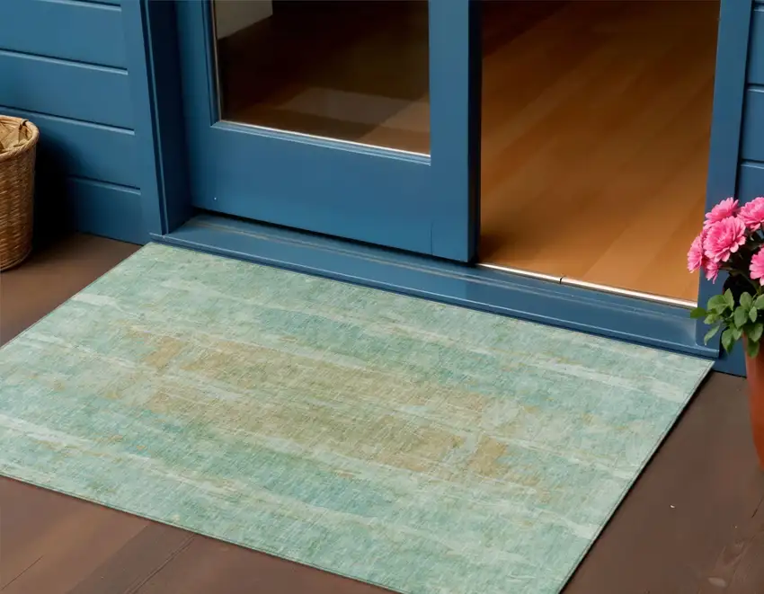 Teal Blue And Copper Abstract Washable Indoor Outdoor Area Rug Photo 1