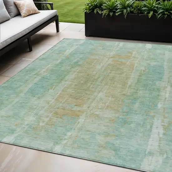 Teal Blue And Copper Abstract Washable Indoor Outdoor Area Rug Photo 1