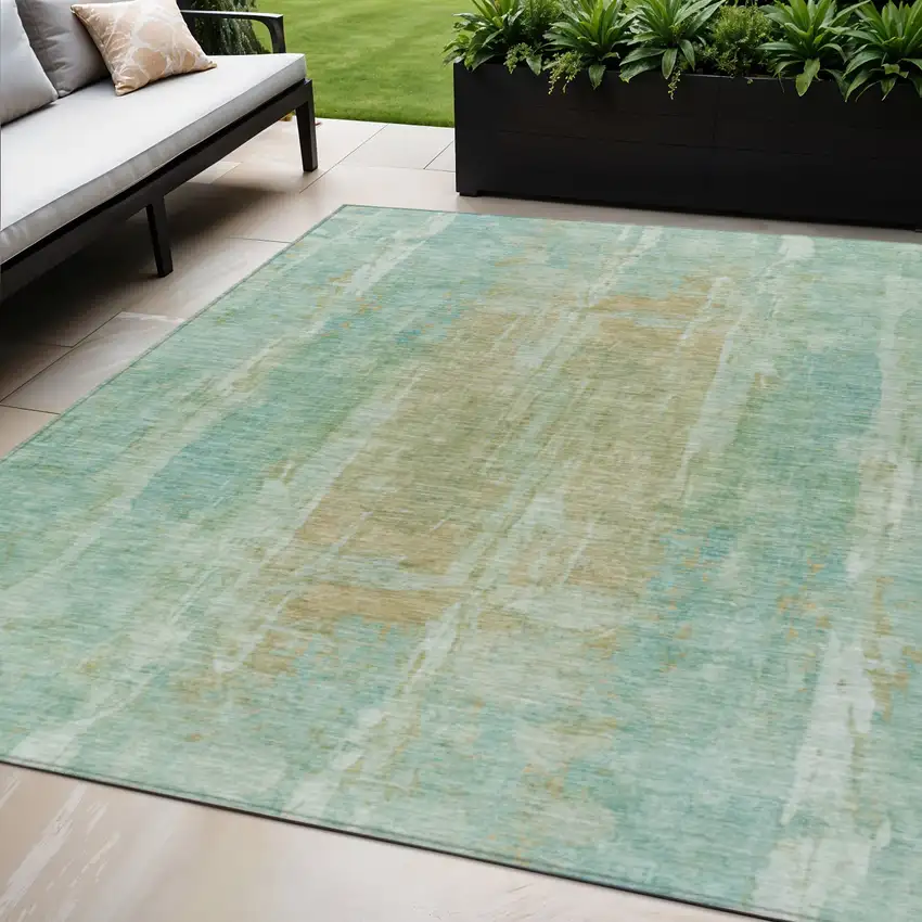 Teal Blue And Copper Abstract Washable Indoor Outdoor Area Rug Photo 1