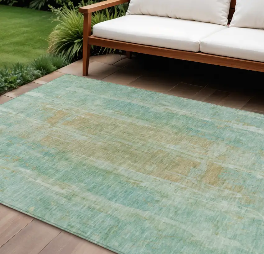 Teal Blue And Copper Abstract Washable Indoor Outdoor Area Rug Photo 1