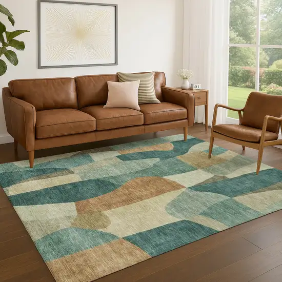 Teal Blue And Copper Abstract Washable Indoor Outdoor Area Rug Photo 5