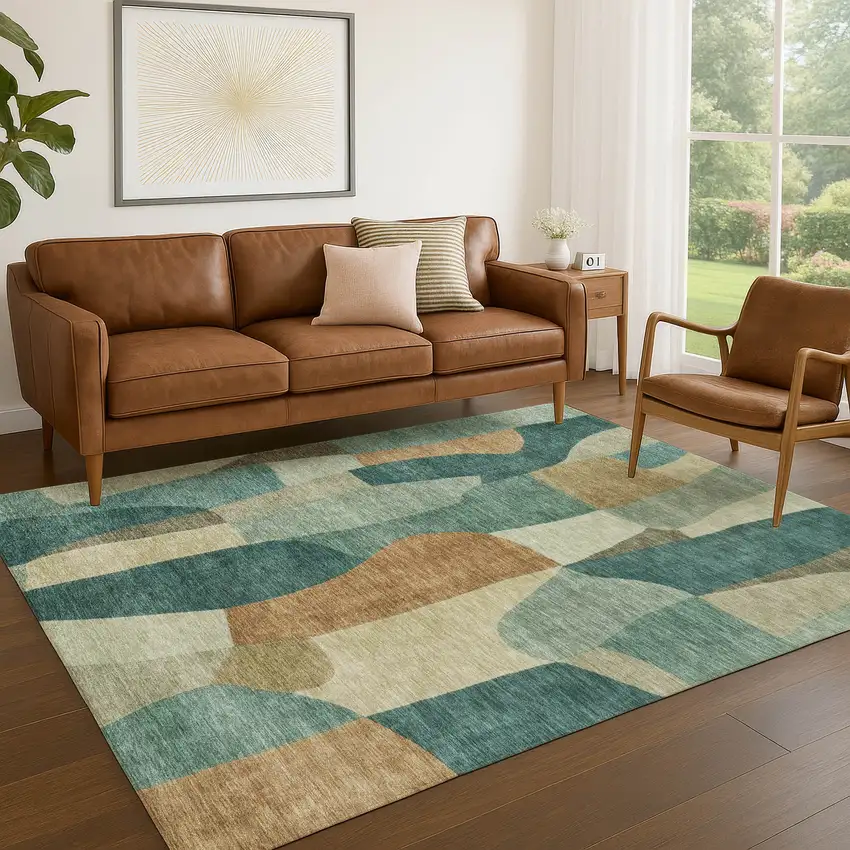 Teal Blue And Copper Abstract Washable Indoor Outdoor Area Rug Photo 5