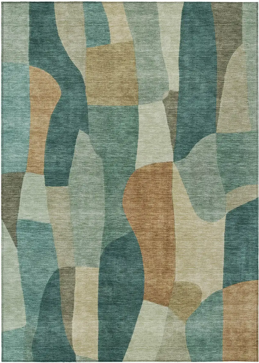 Teal Blue And Copper Abstract Washable Indoor Outdoor Area Rug Photo 1