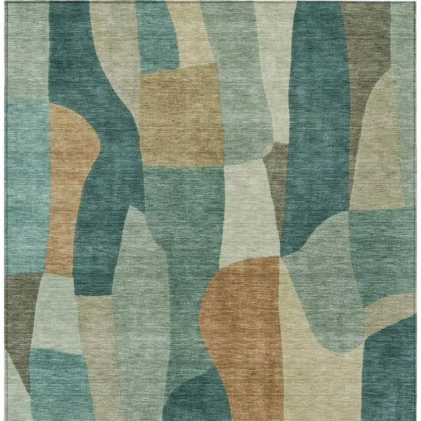 Teal Blue And Copper Abstract Washable Indoor Outdoor Area Rug Photo 2