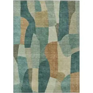 Photo of Teal Blue And Copper Abstract Washable Indoor Outdoor Area Rug