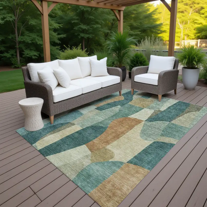 Teal Blue And Copper Abstract Washable Indoor Outdoor Area Rug Photo 7