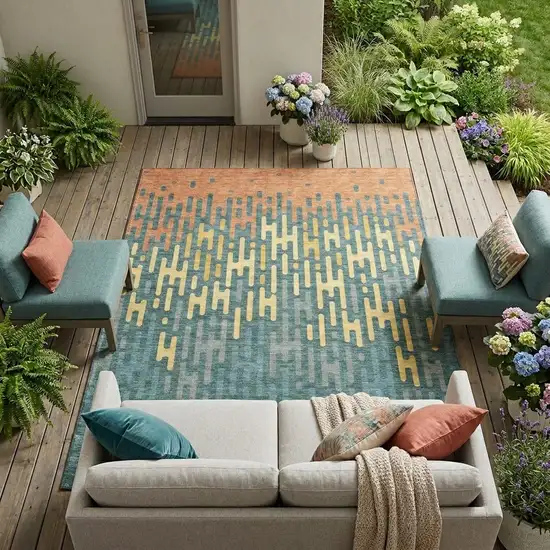 Teal Blue And Copper Abstract Washable Indoor Outdoor Area Rug Photo 1