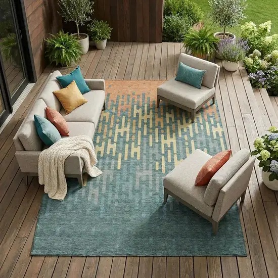 Teal Blue And Copper Abstract Washable Indoor Outdoor Area Rug Photo 1