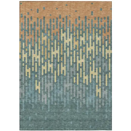 Teal Blue And Copper Abstract Washable Indoor Outdoor Area Rug Photo 2