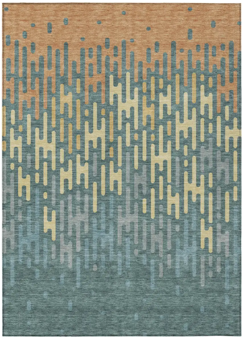 Teal Blue And Copper Abstract Washable Indoor Outdoor Area Rug Photo 2