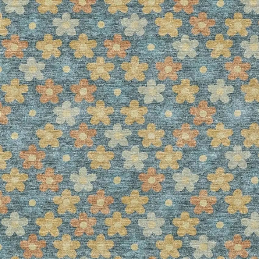 Teal Blue And Copper Floral Washable Indoor Outdoor Area Rug Photo 3