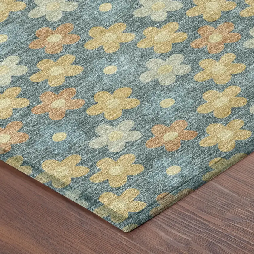 Teal Blue And Copper Floral Washable Indoor Outdoor Area Rug Photo 5