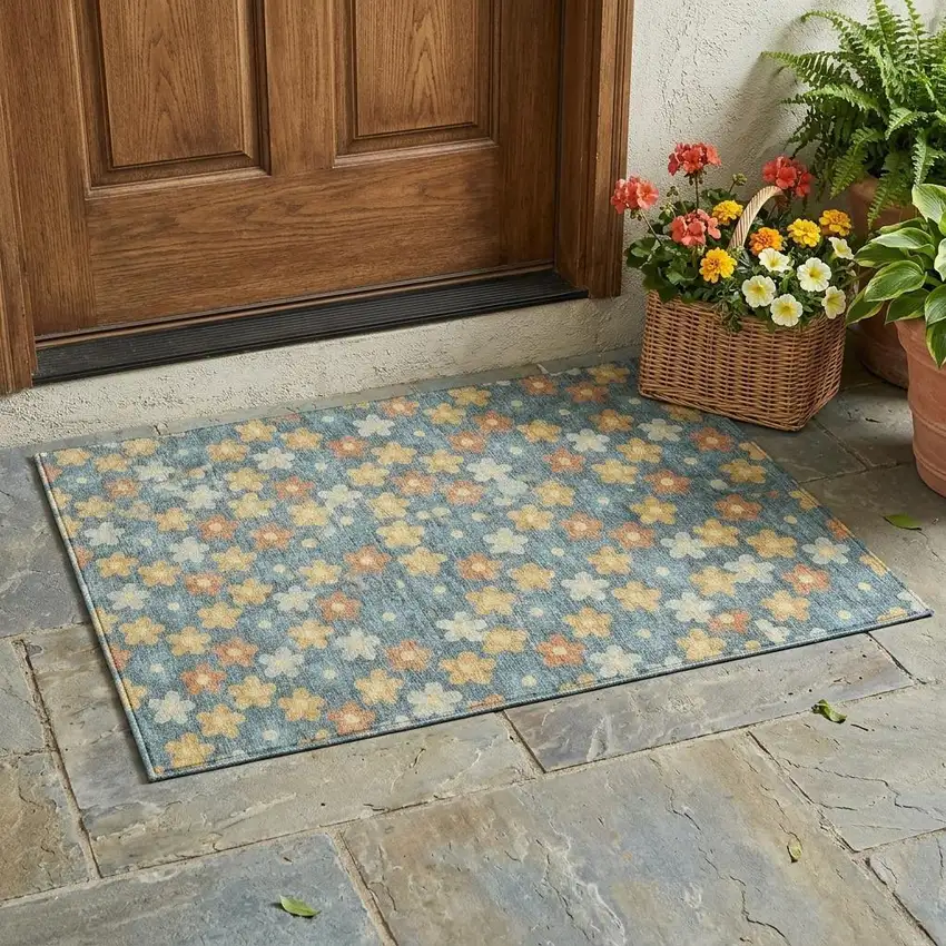 Teal Blue And Copper Floral Washable Indoor Outdoor Area Rug Photo 1