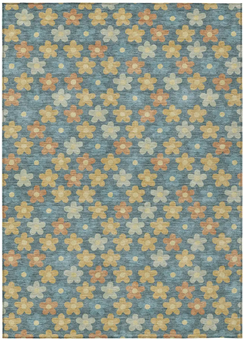Teal Blue And Copper Floral Washable Indoor Outdoor Area Rug Photo 2
