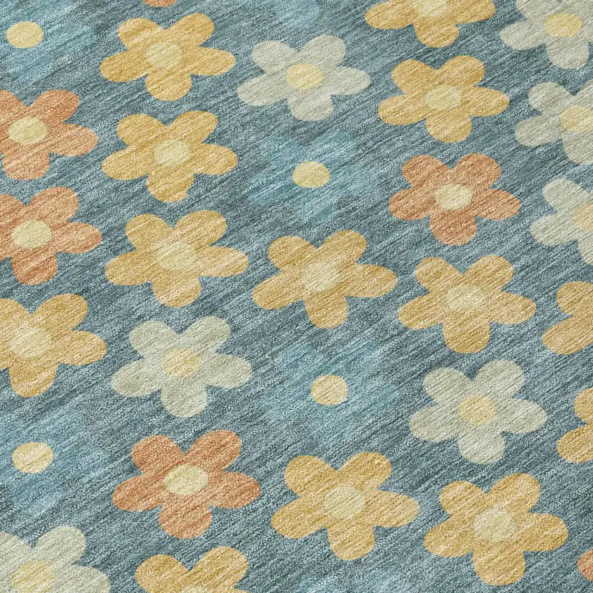 Teal Blue And Copper Floral Washable Indoor Outdoor Area Rug Photo 6
