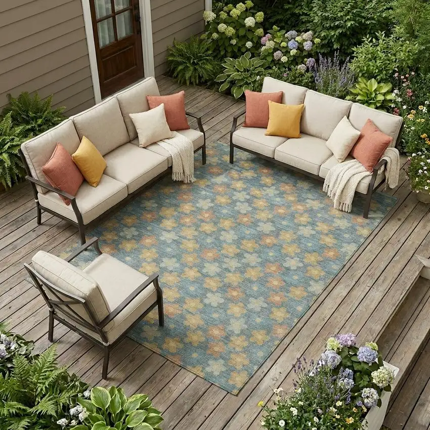 Teal Blue And Copper Floral Washable Indoor Outdoor Area Rug Photo 1