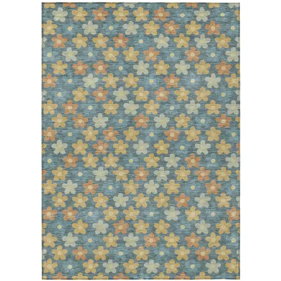 Teal Blue And Copper Floral Washable Indoor Outdoor Area Rug Photo 2