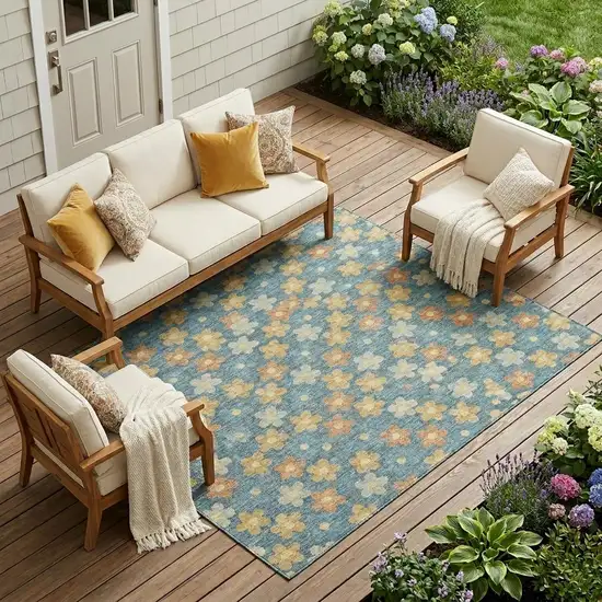 Teal Blue And Copper Floral Washable Indoor Outdoor Area Rug Photo 1