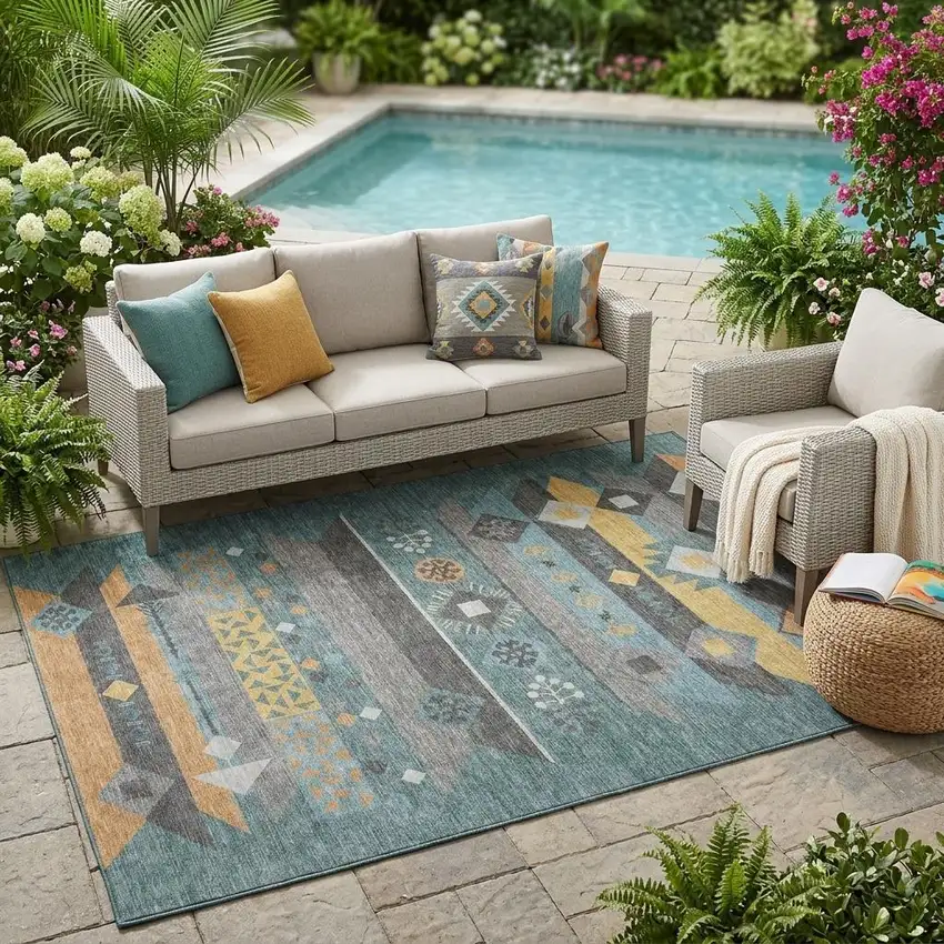 Teal Blue And Copper Geometric Washable Indoor Outdoor Area Rug Photo 1