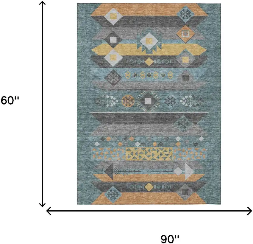 Teal Blue And Copper Geometric Washable Indoor Outdoor Area Rug Photo 7