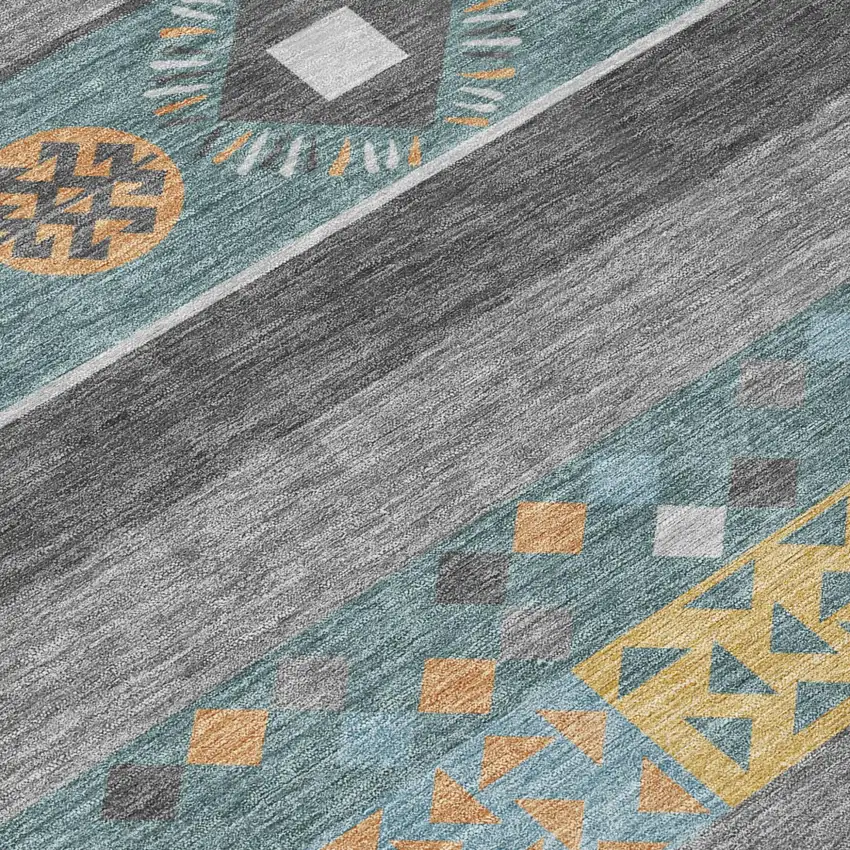 Teal Blue And Copper Geometric Washable Indoor Outdoor Area Rug Photo 6