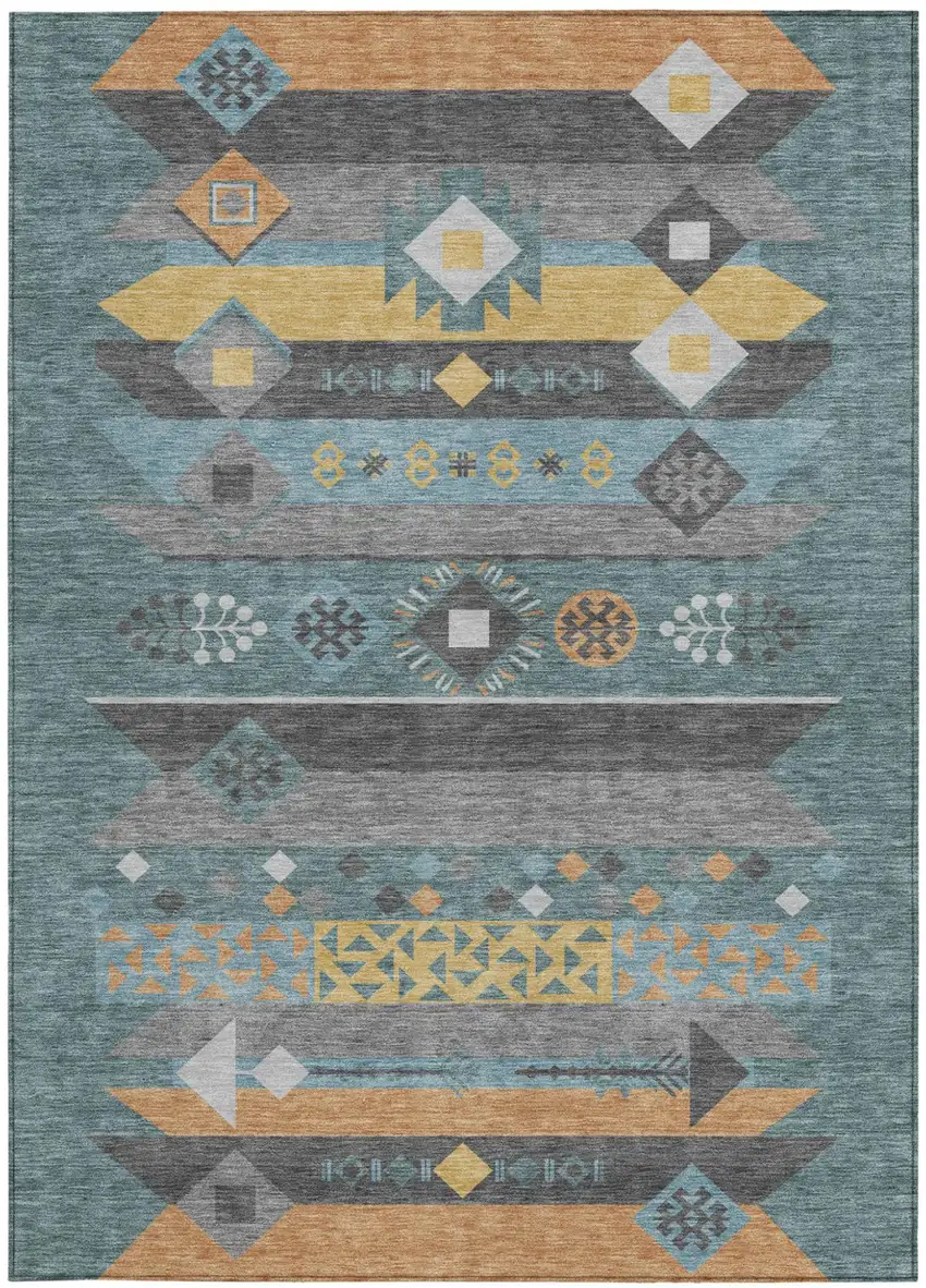 Teal Blue And Copper Geometric Washable Indoor Outdoor Area Rug Photo 4