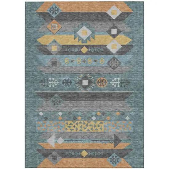 Teal Blue And Copper Geometric Washable Indoor Outdoor Area Rug Photo 4