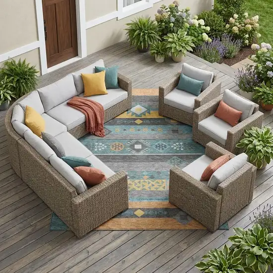 Teal Blue And Copper Geometric Washable Indoor Outdoor Area Rug Photo 1