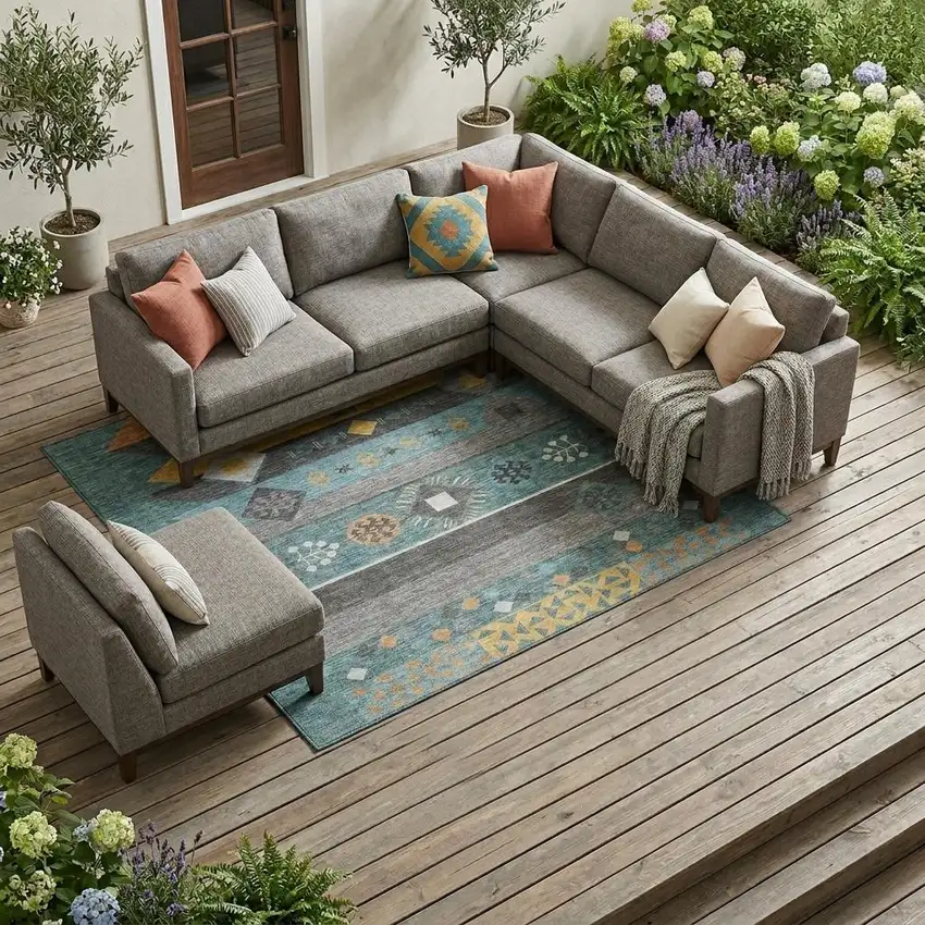 Teal Blue And Copper Geometric Washable Indoor Outdoor Area Rug Photo 1
