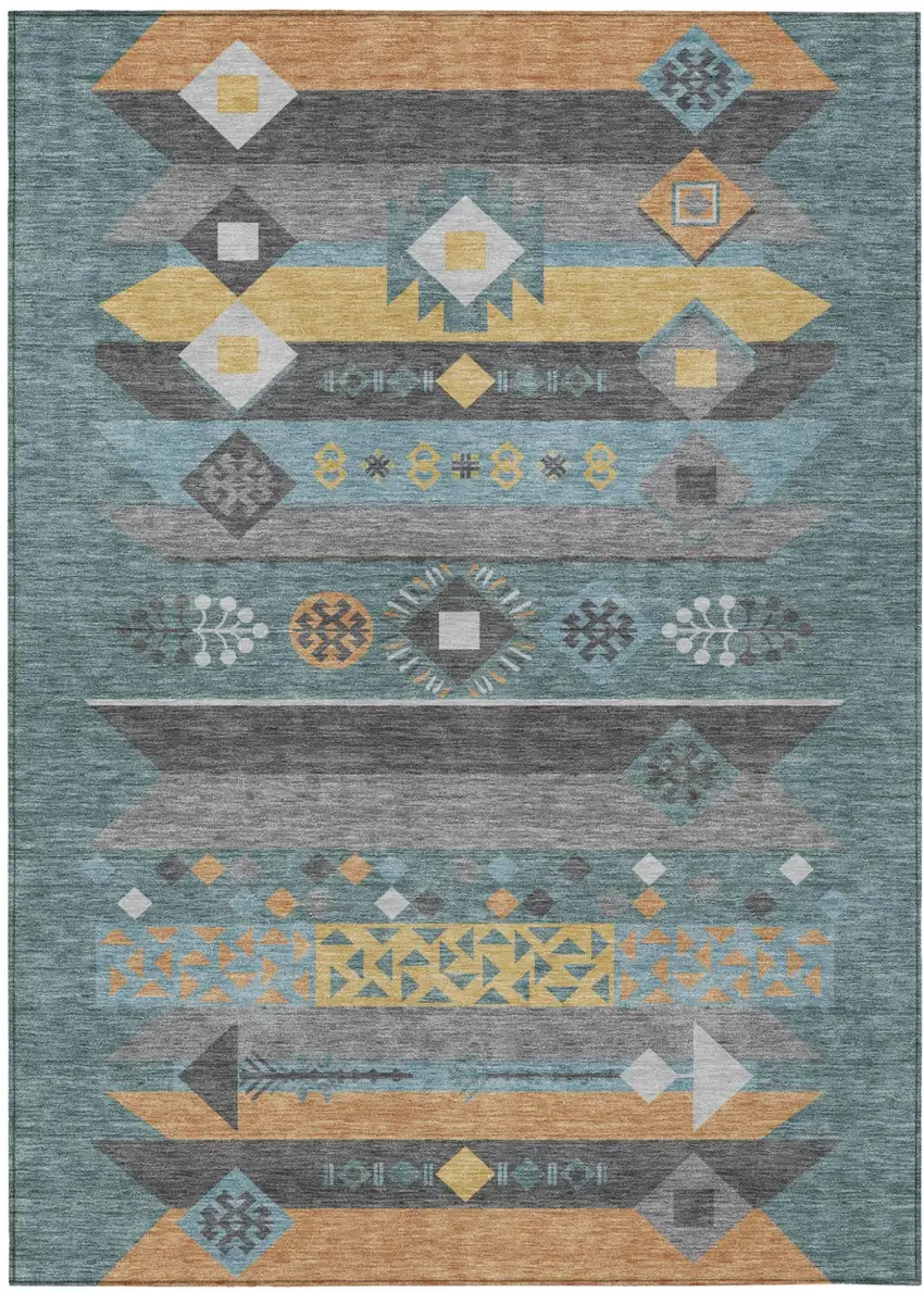 Teal Blue And Copper Geometric Washable Indoor Outdoor Area Rug Photo 2