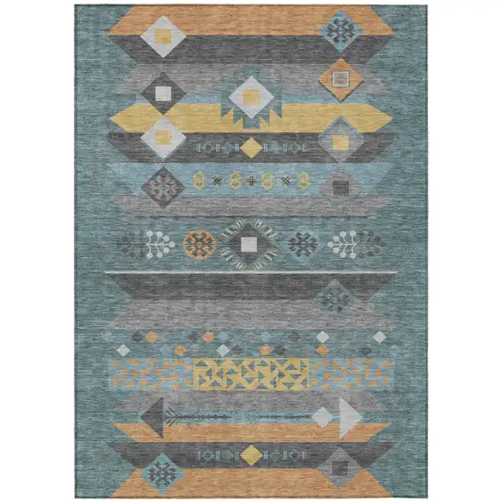 Teal Blue And Copper Geometric Washable Indoor Outdoor Area Rug Photo 2